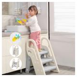 $60 Foldable Step Stool for Bathroom Sink, Adjustable 3 Step Stool for Kids Toilet Potty Training Stool with Handles, Child Kitchen Counter Stool Helper, Plastic Ladder for Toddlers Grey