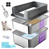 $40 Stainless Steel Sifting Litter Box for Pine Pellets | 17.4"x13.2"x10" Sifting Cat Litter Box with Sifter, High Side for Small Cats, Anti-Leakage, Odor Control