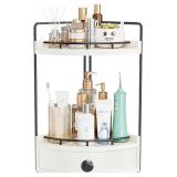 $32 2-Tier Corner Bathroom Counter Organizer with Drawer, White | Embedded Screw Holes, Wooden Countertop Organizers, Space-Saving, Bottom Ventilation Design, Counter Shelf for Vanity