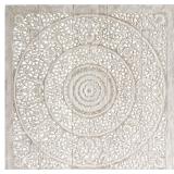 $399 Queen Size Wooden Bed Headboard, Thai Wood Carving Beach House Decor, Weathered White, 60 inches