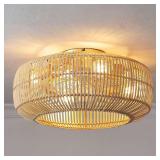 $127 Boho Rattan Flush Mount Ceiling Fan with Light and Remote: 20" Coastal Boho Bamboo Wicker Fandelier, Gold Chandelier Ceiling Fan for Bedroom Living Room