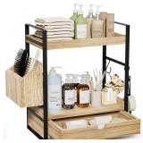 $30 2-Tier Bathroom Counter Organizer with Drawer and Basket, Wood Countertop Organizer for Storage, Skincare Organizers for Vanity, Counter Shelf for Bathroom Organization