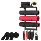 $37 Yoga Mat Holder Wall Mount, 4-Tier Home Gym Storage Rack with 5 Hooks & 3 Yoga Mat Portable Straps, Heavy Duty Metal Yoga Mats Organizer With Floating Shelf for Foam Roller, Resistance Bands