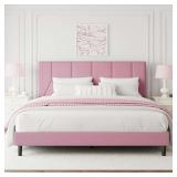 $160 Queen Size Bed Frame, Platform Bed Frame with Velvet Upholstered Headboard, Queen Mattress Foundation with Strong Wooden Slats, No Box Spring Needed, Noise Free, Easy Assembly (Pink, Queen)