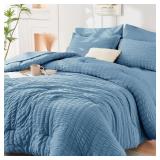 $60 HYMOKEGE Mineral Blue UNKNOWN SIZE Comforter Set Seersucker 7 Pieces, All Season Luxury Bed in a Bag for Bedroom, Bedding Set with Comforter, Sheets, Pillowcases & Shams