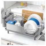 $44 Urackify Stainless Steel Dish Drying Rack for Kitchen Counter, 16.9" x12.4" | Rustproof dish rack with utensil holder,Large Capacity Dish Drainer for Plates Dishes Silverware, Grey