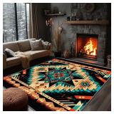 $290 Aztec Rug Teal - 8x10 Southwest Native American Tribal Area Rug, Colorful Geometric Southwestern Carpet, Washable, Non-Slip & Soft Large Rug for Home Decor