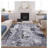 $90 Rugcomf 8x10 Area Rug Washable Boho Rug Soft Non-Slip Non-Shedding Faux Wool Vintage Rug for Living Room, Farmhouse, Dining Room, Indoor, Kids Playroom, Grey and Black