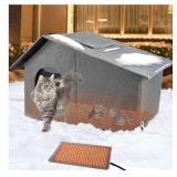 Heated Cat House for Outdoor in Winter, Insulated Heated Outdoor Kitty House with Heating Pad, Outside Winter Warm Shelter for Kittens Stray Cats Rabbits Squirrels (Grey, 21" 13.6" 15.4")