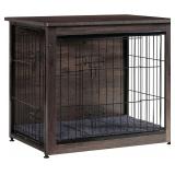 $67 DWANTON 27" Dog Crate Furniture, Dog Kennel Indoor, with Waterproof Cushion | Small Wooden Kennel Table Indoor, Double Doors, Decorative Pet House as TV/Night Stand Side/End Table, Dark Gray