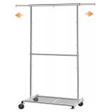 $40 Simple Trending Clothing Garment Rack, Extendable Clothes Rack, Chrome | Double Rod Portable Closet, Mesh Storage Shelf, Waterproof and Rust-resistant, 360  Wheels, Bedroom, Laundry Room