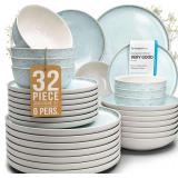 $145 Stoneware dinnerware set 8 persons 32 pcs   Modern style plates and bowls set ceramic   Dishwasher safe and scratch resistant   Bowl and plate set   Dinner service Pure Living beige & blue