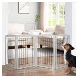 $60 ZJSF Freestanding Foldable Dog Gate for House Extra Wide Wooden Grey Puppy Gate Stairs Dog Gates Doorways Tall Pet Gate 32" Height 4 Panels Pet Fence