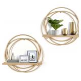 $39 Oakrain Small Floating Shelves Set of 2, 11" Gold Wall Mounted Hanging Shelf with Metal Frame Wood Round Wall Shelves for Storage, Living Room Decor, Bathroom, Kitchen, Bedroom, Office