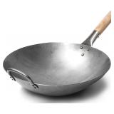 $66 Craft Wok Traditional Hand Hammered Chinese Carbon Steel Wok with Wooden and Steel Helper Handle (14 Inch, Round Bottom Pow Wok Pan) / 731W88