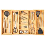 $63 Extra Large Expandable Kitchen Drawer Organizer for Utensil and Junk, 19" Deep for Big Drawer, 19" to 33" Adjustable Bamboo Wood Drawer Divider, Cutlery Tray, Flatware Holder