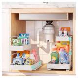 $40 EVERIE Height Adjustable 2 Tier Metal Pull Out Slide Shelf Organizer for Framed or Frameless Under Sink Cabinets in Kitchen, Bathroom, with Snap-on Top Tray (White, 2 Sets)