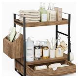$35 2-Tier Bathroom Counter Organizer, Wooden Vanity Shelf with Drawer & Basket | Pre-Drilled Holes, Skincare & Makeup Countertop Organizer and storage, Dark Brown
