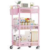 $35 YASONIC 3 Tier Rolling Cart   Metal Utility Storage Cart with Wheels, Craft Cart Organizer with Hanging Cups, Hooks, Mesh Basket for Bedside Kitchen Office Art, Pink