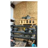 Bulk lot; Kobalt Shelving Unit w/ DeWalt Miter Saw, Bench Grinder, Engine/Pump, Handy Rest NXT Bridgeport 2J Variable Speed Milling Machine Head & Misc Shop Parts shelf and shelf contents.