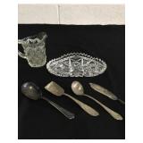Cut Glass Dish, Glass Creamer, & Silver Spoons
