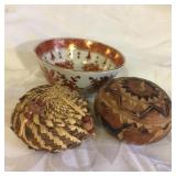 Tiny Carved Peruvian Gourd, Pine Needle Basket