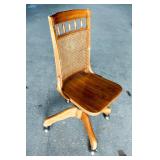 Vintage Wooden Cane Back Swivel Desk Chair