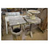 SMALL CONCRETE BIRD BATH, RUSTIC OUTDOOR TABLE