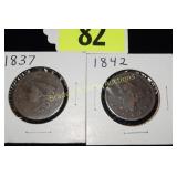 US 1837 AND 1842 LARGE SIZE COPPER PENNIES