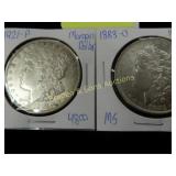 US 1883-O AND 1921-P MORGAN SILVER DOLLARS.
