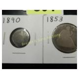 US 1853 SEATED LIBERTY SILVER HALF DOLLAR AND