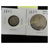 US 1851 SEATED LIBERTY DIME AND 1854 SEATED