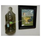 ANTIQUE OIL LANTERN ON SHELF AND FRAMED IN