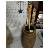 WALKING CANE AND WOODEN VASE.