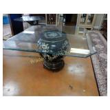 CONTEMPORARY 55" SQUARE GLASS TOPPED DINING TABLE.