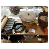 SHELF OF ASSORTED CAST IRON ETC.