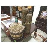 GROUP OF ASSORTED WICKER VASES AND WINE JUGS.