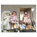 GROUP OF 6 DOLLS AND TEDDY BEARS.