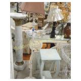 ANTIQUE FLOOR LAMP AND VINTAGE PLANT STAND.