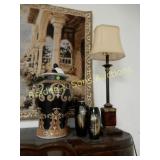GROUP OF 3 ORIENTAL VASES AND TABLE LAMP.