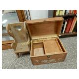 SMALL VINTAGE STORAGE TRUNK AND DOLL