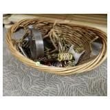 WICKER BASKET WITH FINIALS, STIRUPS ETC