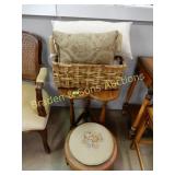 CONTEMPORARY END TABLE, FOOT STOOL AND WICKER