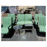 OUTDOOR PATIO BENCH, 4 CHAIRS AND 2 END TABLES