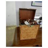 TABLE TOP STORAGE TRUNK WITH CONTENTS.