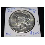 US 1921-P KEY DATE PEACE SILVER DOLLAR AU QUALITY