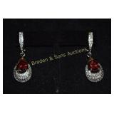 LADIES STERLING SILVER & RED GARNET EARRINGS