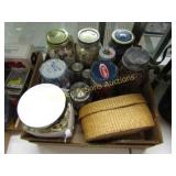 BOX OF ASSTD BUTTONS, CLOTHES PINS, DOMINOS ETC