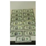 GROUP OF 13 U.S. $2 CURRENCY NOTES