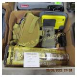 BOX OF ASSTD HOLSTERS, GAME CAMS ETC